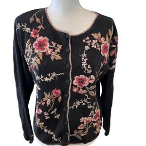 Vintage Hand Knit Heirloom Collectibles Dark Floral Cardigan Sweater L